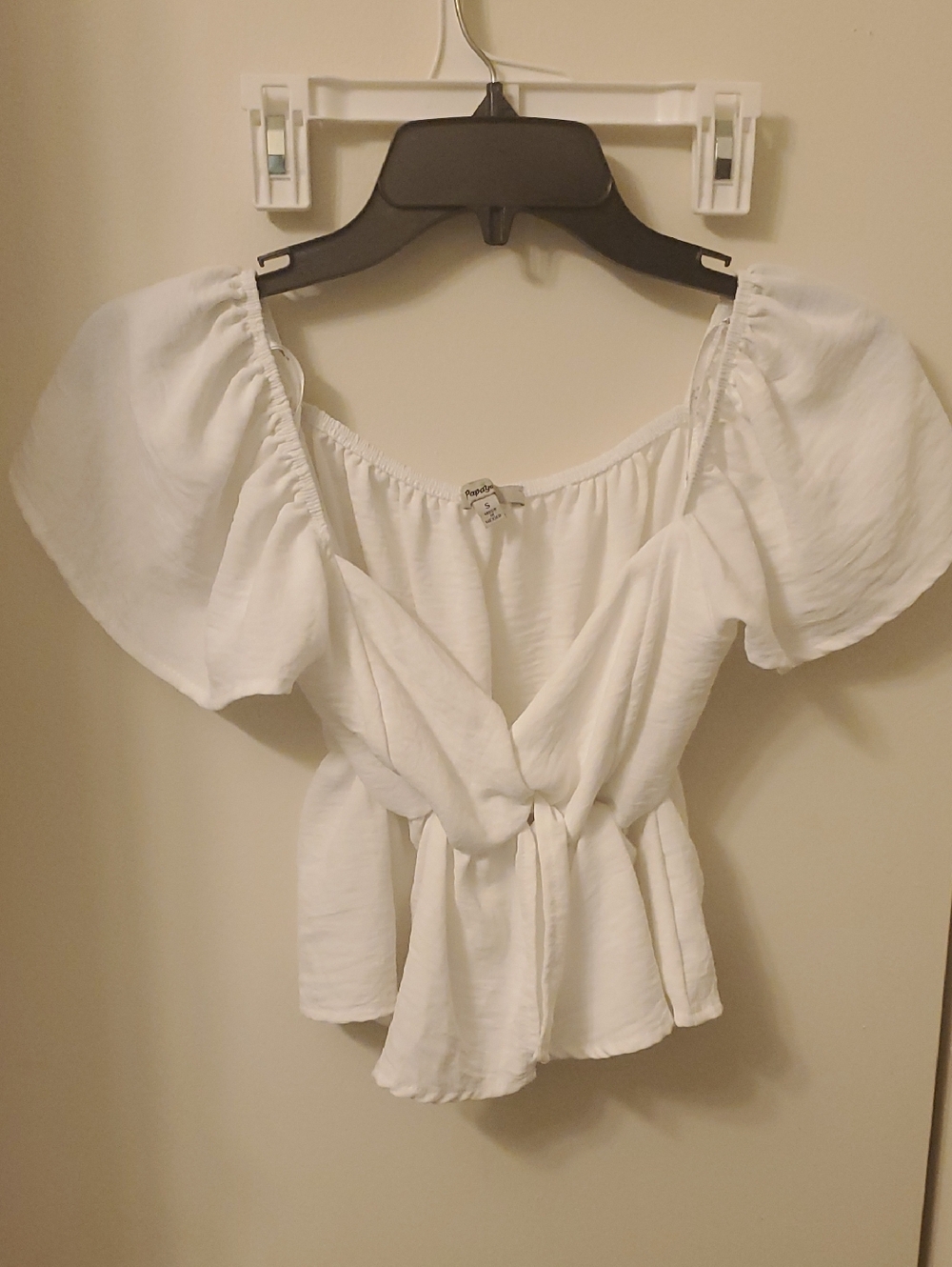 Papaya White Knot-Front Puff Sleeve Top